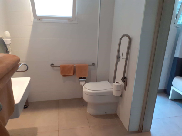 Bathroom with toilet next to a wall and a drop down hand rail to the right