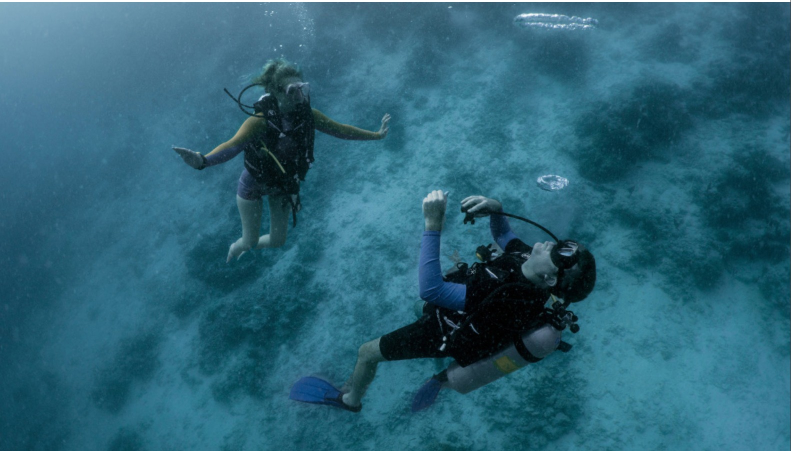 Two people standing at the bottom of the ocean wearing diving gear